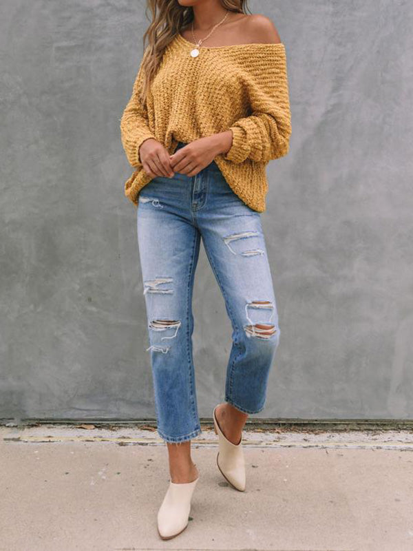 xakxx Long Sleeves Loose Solid Color V-Neck Knitwear Pullovers Sweater Tops