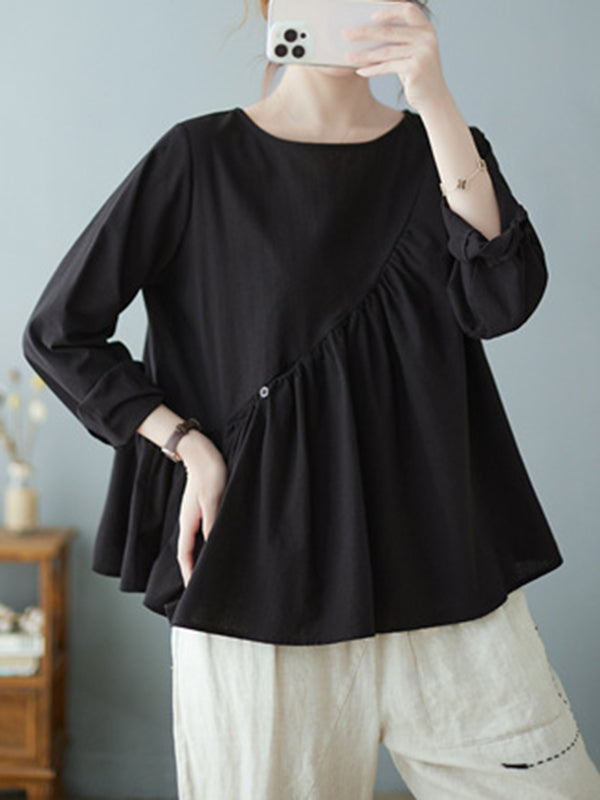 xakxx Casual Loose Long Sleeves Solid Color Round-Neck T-Shirts Tops