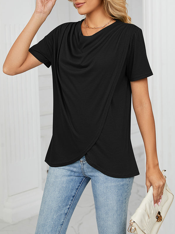 xakxx Loose Short Sleeves Pleated Solid Color Split-Joint Round-Neck T-Shirts