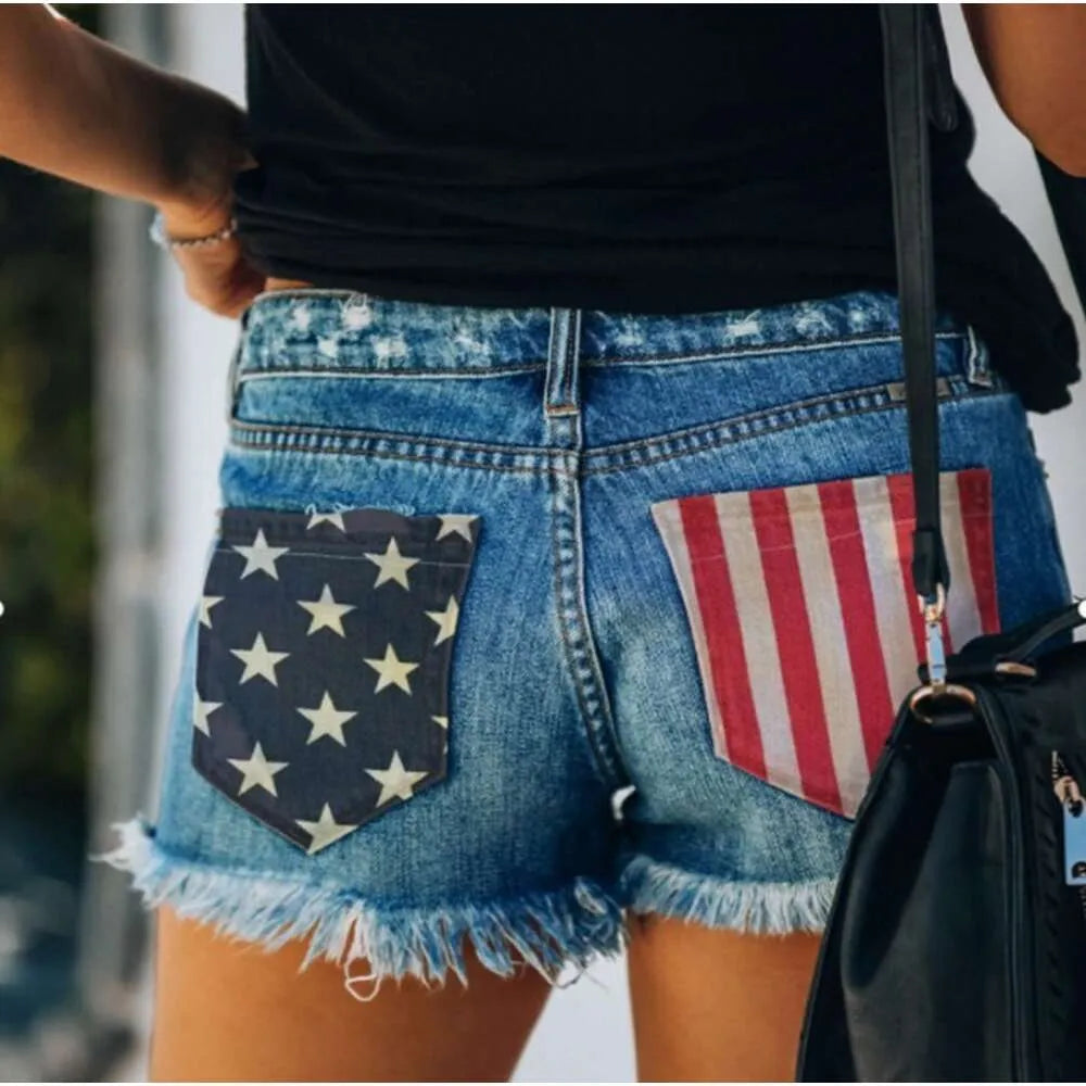 American Flag Printed Burr Edge Distressed Tassel Denim Shorts for Women's Hot Pants
