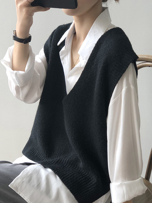 xakxx Knitting Irregularity Solid V-Neck Vest