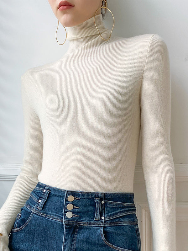 xakxx Simple Skinny Long Sleeves Solid Color Sweater Tops