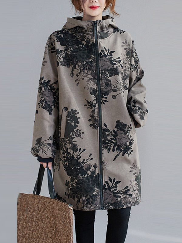 xakxx Artistic Retro Loose Floral Printed Hooded Long Sleeves Outwear
