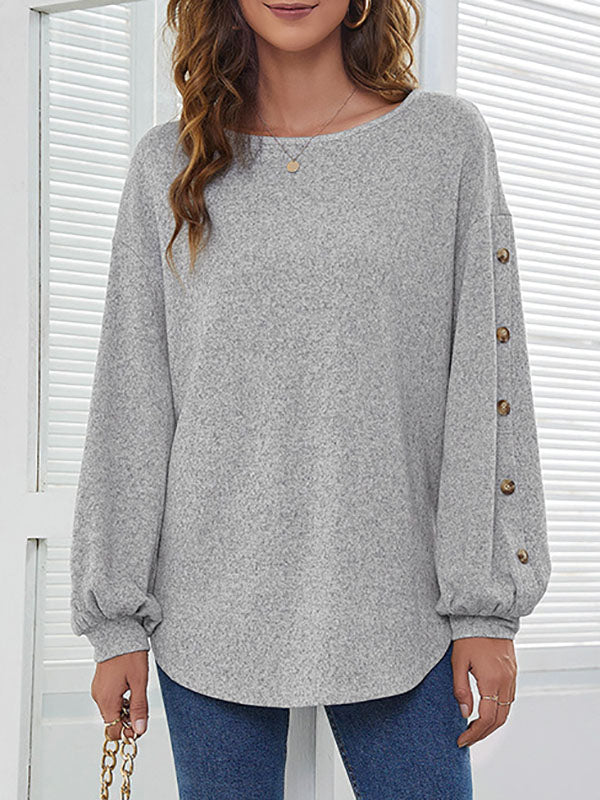 xakxx Simple Loose Long Sleeves Solid Color Round-Neck T-Shirts Tops