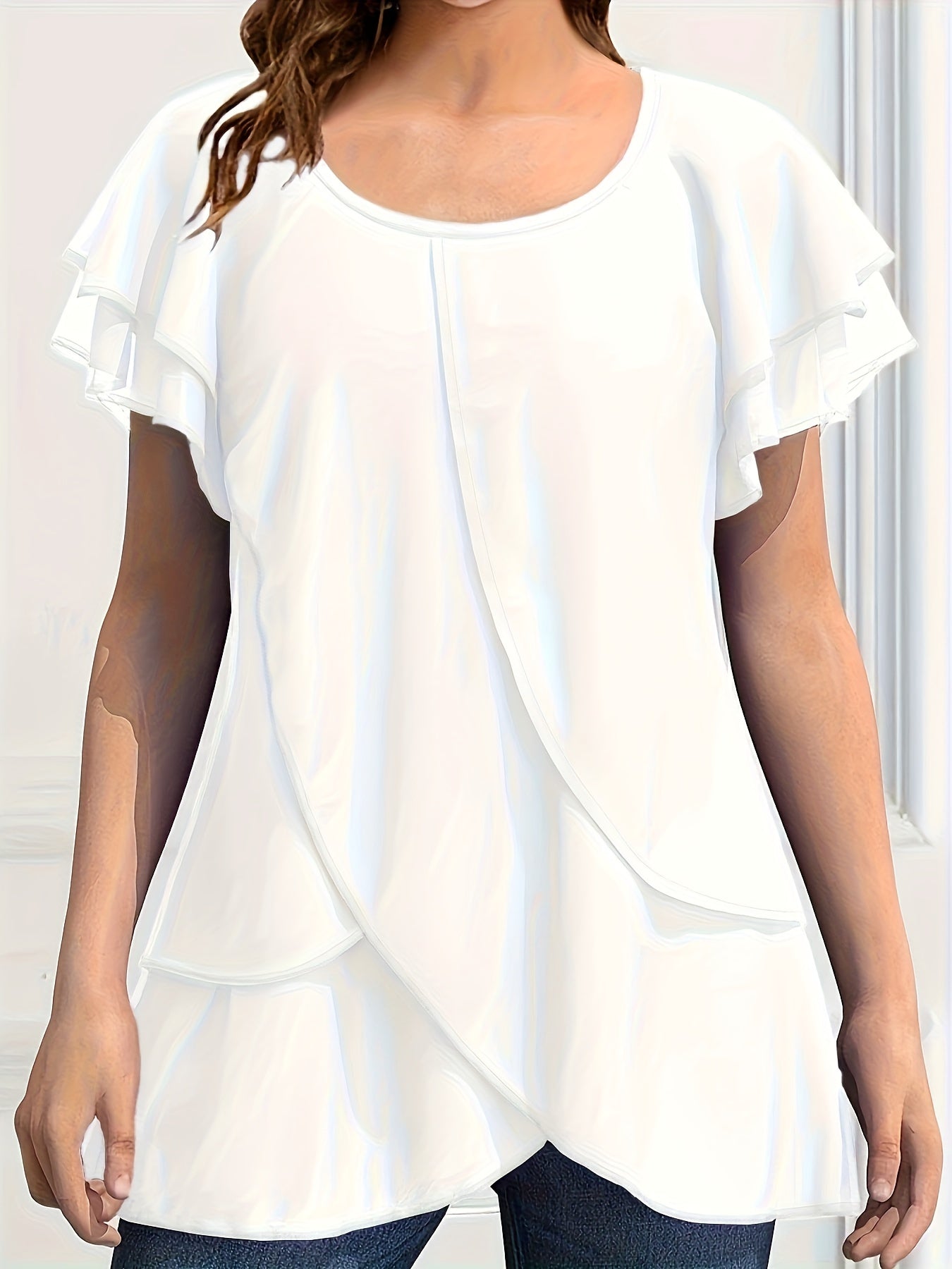 Vibrant Color Crew Neck Blouse - Ruffled Sleeve, Layered, Casual, Spring & Summer Essential - Women's Clothing for Everyday Wear