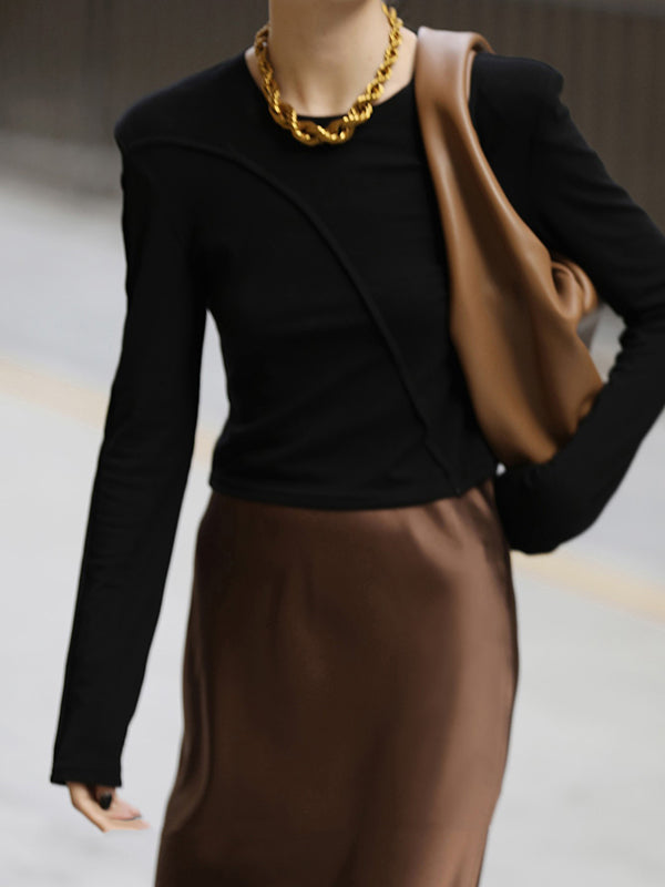 xakxx Long Sleeves Skinny Shoulder Pad Solid Color Round-Neck T-Shirts Tops