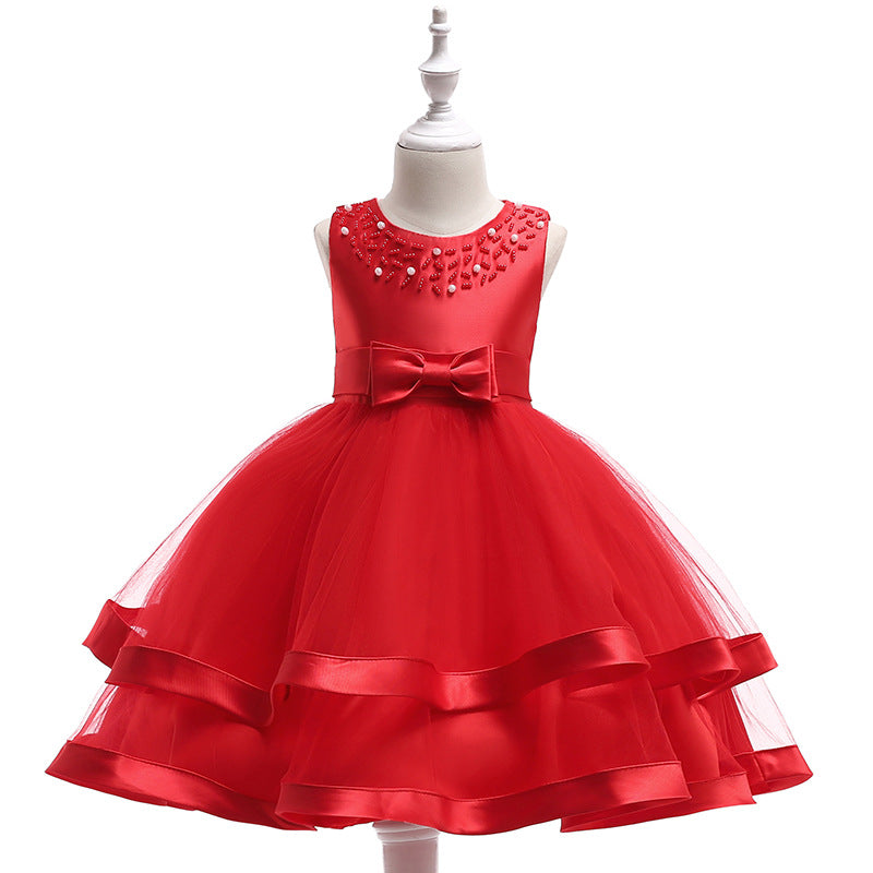 Foreign Trade New Host's Dress Children's Wedding Dress Handmade Beaded Princess Dress Girl's Gown One Piece Dropshipping