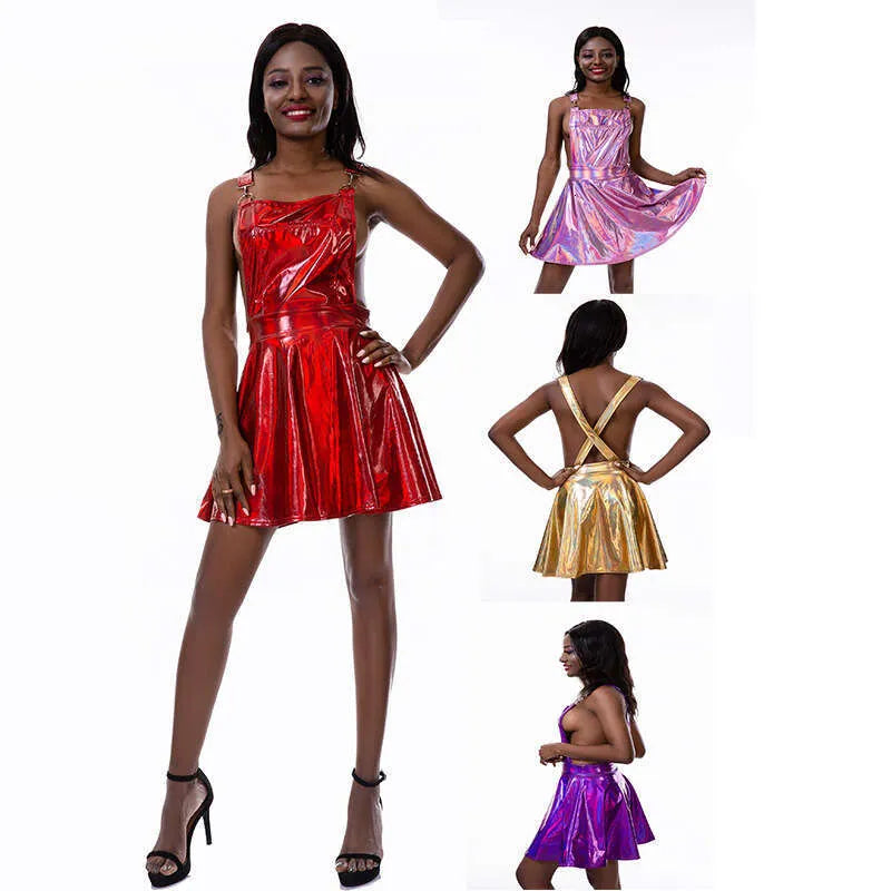 Fashionable and sexy strappy dress nightclub stage performances, holographic laser backless runway for women's clothing