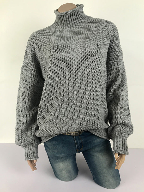 xakxx Casual Long Sleeves Solid Color High-Neck Sweater Tops