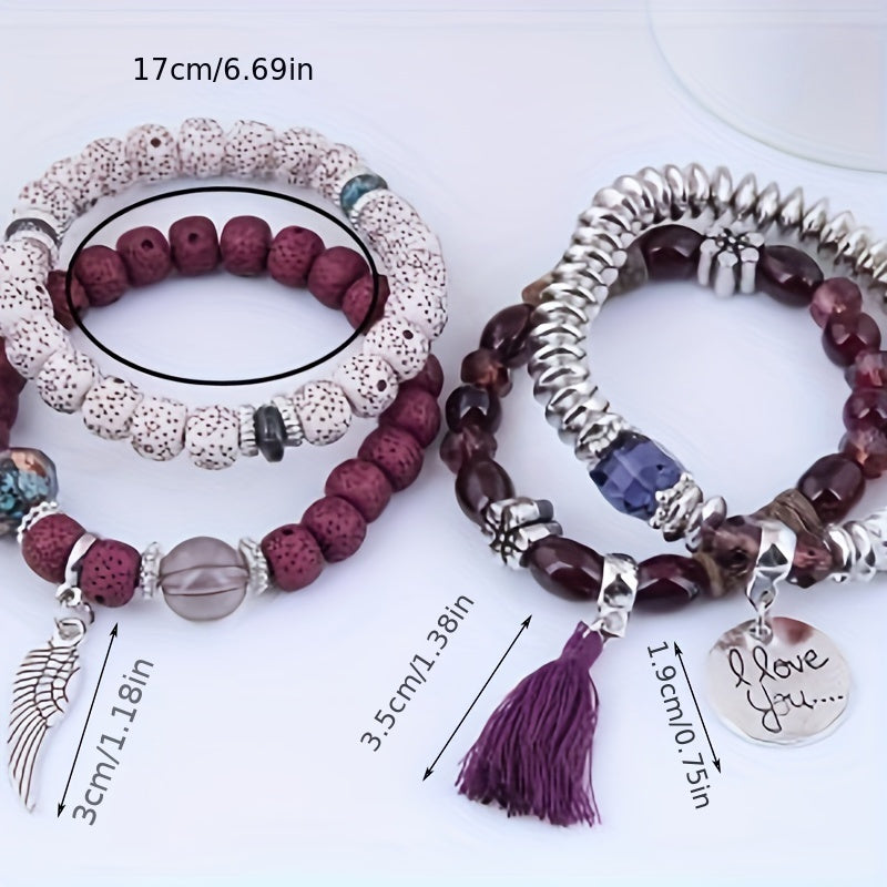 4pcs/Set Enchanting Love Wings Tassel Bracelet Ensemble - Lustrous Volcano Stone Beads & Multicolored Strands - Bohemian Chic Retro Style - Perfect Holiday Gift