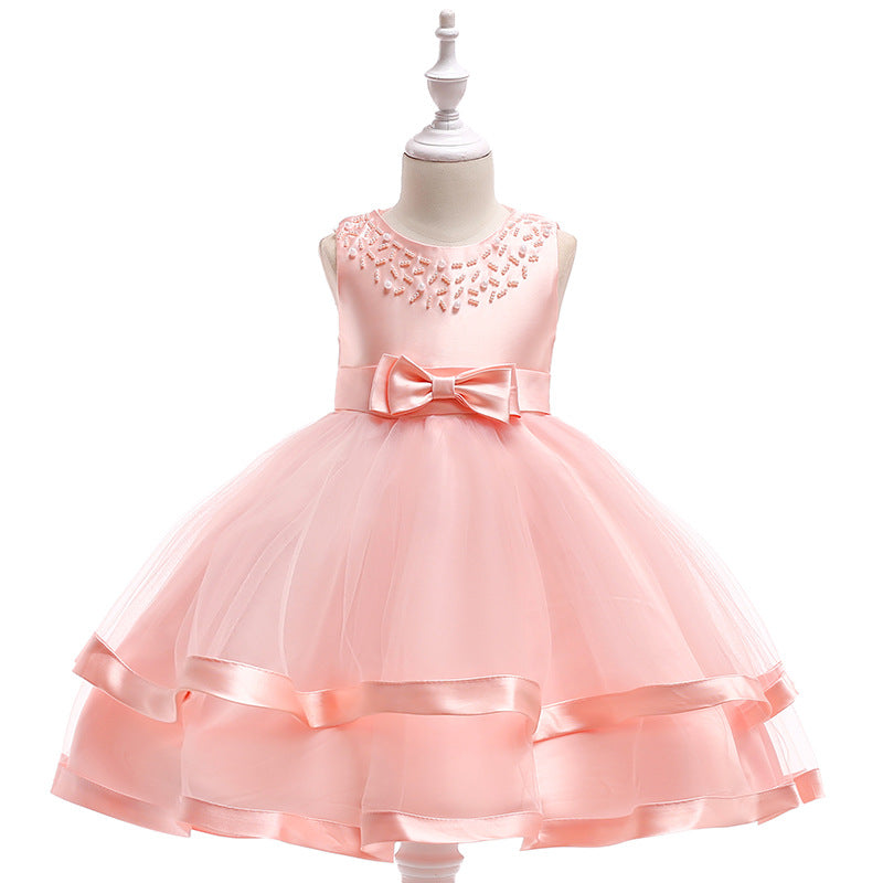 Foreign Trade New Host's Dress Children's Wedding Dress Handmade Beaded Princess Dress Girl's Gown One Piece Dropshipping