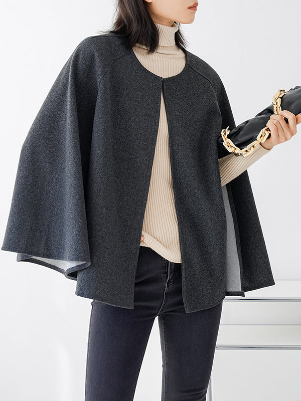 xakxx Casual Loose Solid Color Round-Neck Cape Outerwear