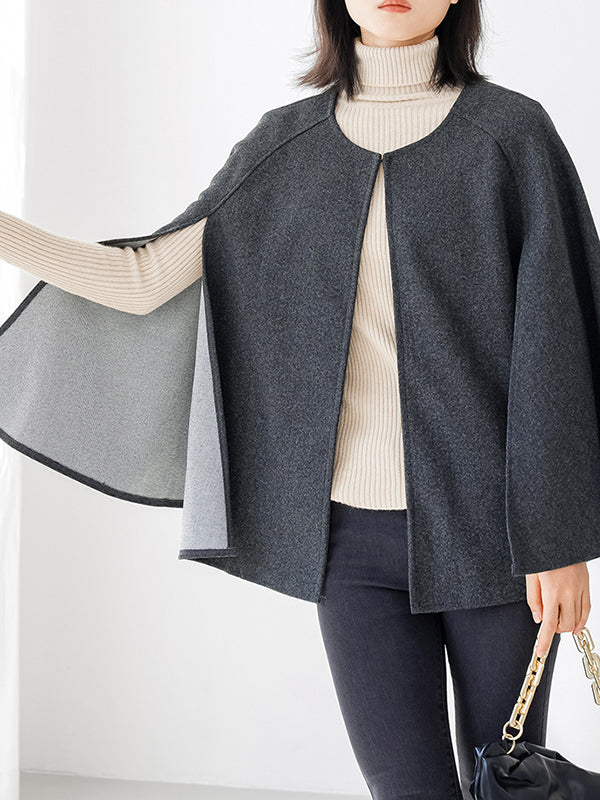 xakxx Casual Loose Solid Color Round-Neck Cape Outerwear