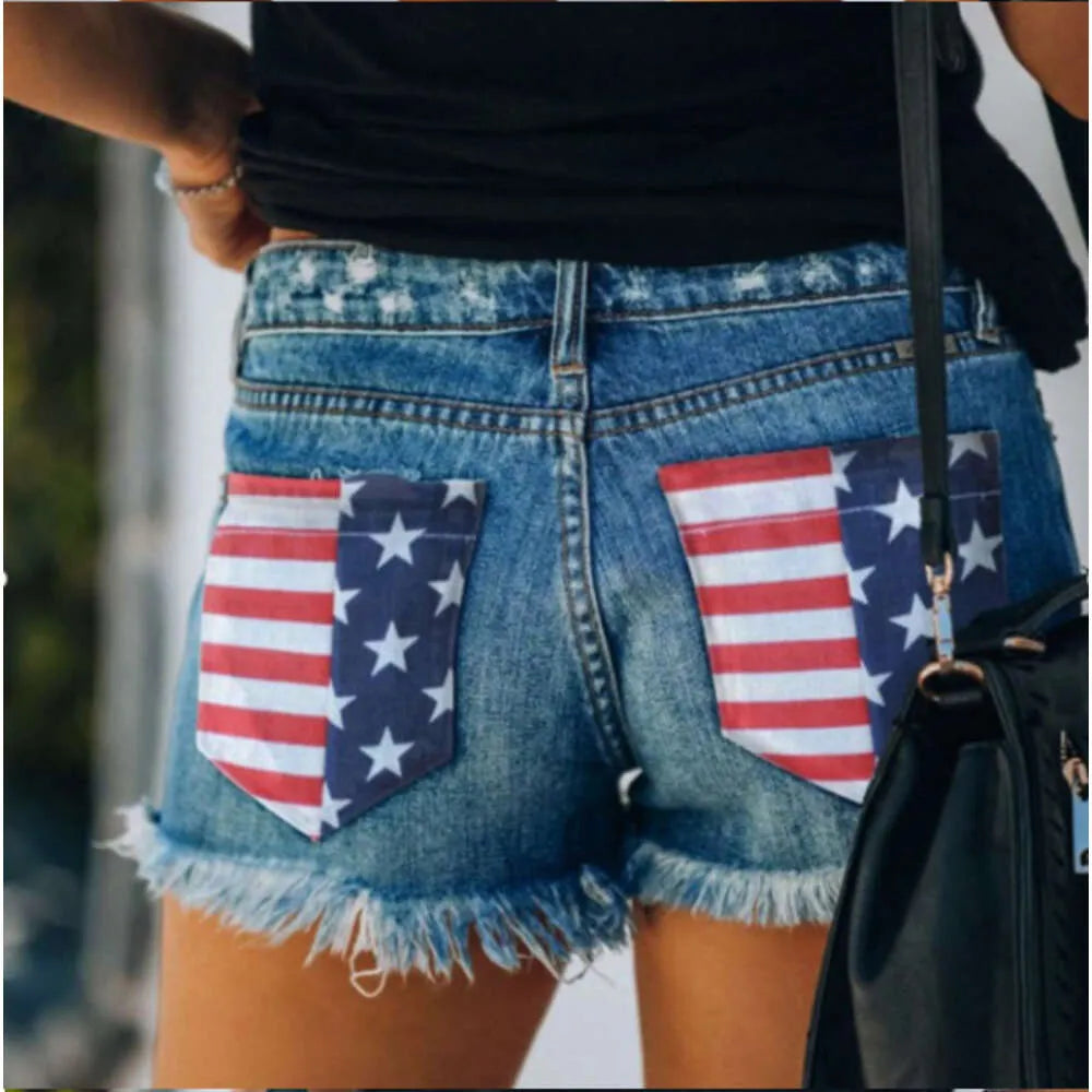 American Flag Printed Burr Edge Distressed Tassel Denim Shorts for Women's Hot Pants