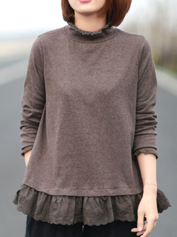 xakxx Original Creation Long Sleeves Loose Ruffled Solid Color Stand Collar T-Shirts Tops
