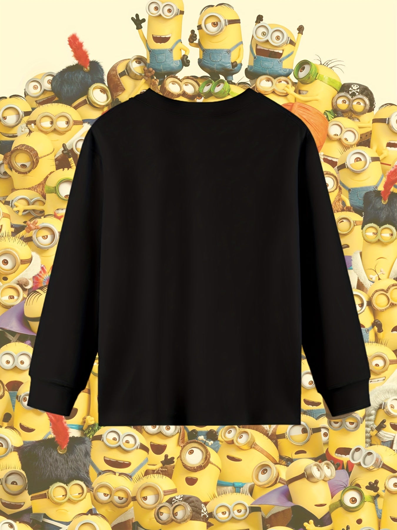 Boys' Minions Cartoon Christmas T-Shirt, Casual Cotton Long Sleeve Top, Festive Holiday Gift, Perfect for Birthday, Outdoor Wear, Loose Fit, Knit Fabric, Round Neck, Cartoon Pattern, Spring/Autumn Season