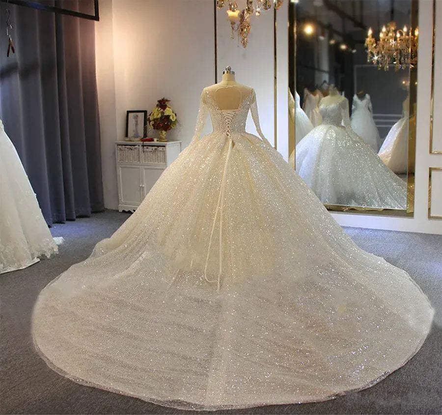 Sparkling Ball Gown Wedding Dresses Sheer Jewel Neck Appliqued Sequins Long Sleeves Lace Bridal Gowns Custom Made Abiti Da Sposa Dress