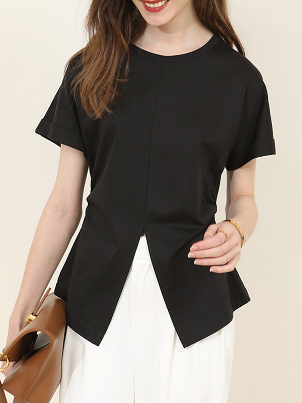 xakxx Batwing Sleeves Loose Pleated Solid Color Split-Front Split-Joint Round-Neck T-Shirts