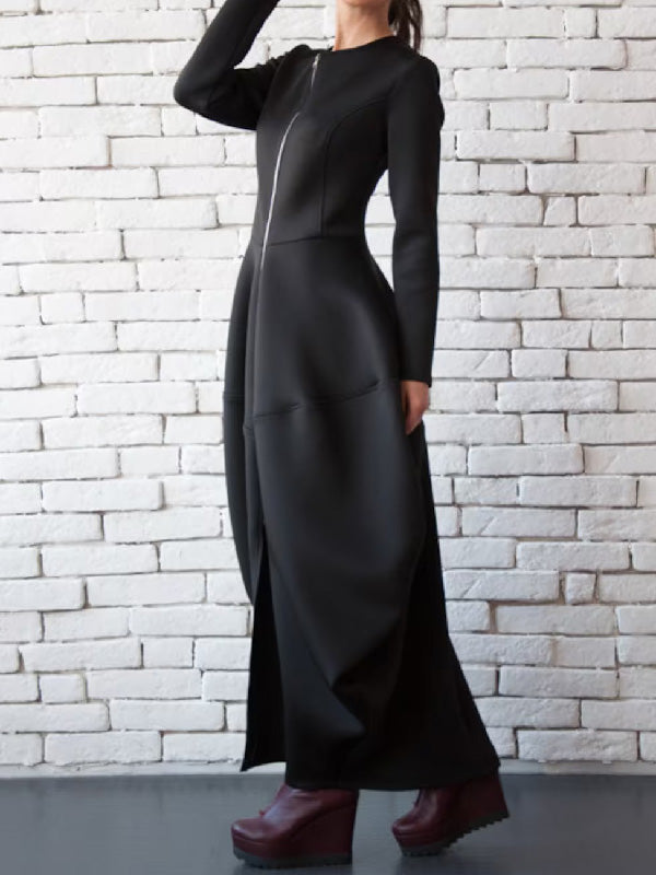 xakxx Split-Joint Zipper Round-Neck Maxi Dress Coat Bubble Dress