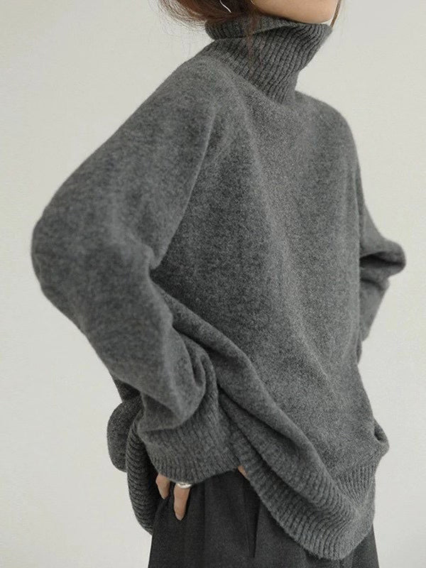 xakxx Casual Loose Long Sleeves Solid Color High-Neck Sweater Tops