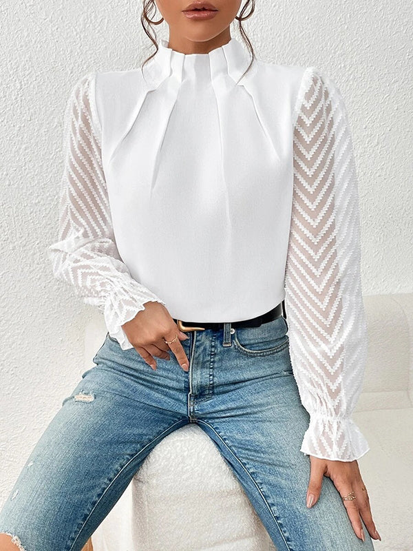 xakxx Long Sleeves Loose Elasticity Mesh Pleated Solid Color Mock Neck Blouses&Shirts Tops