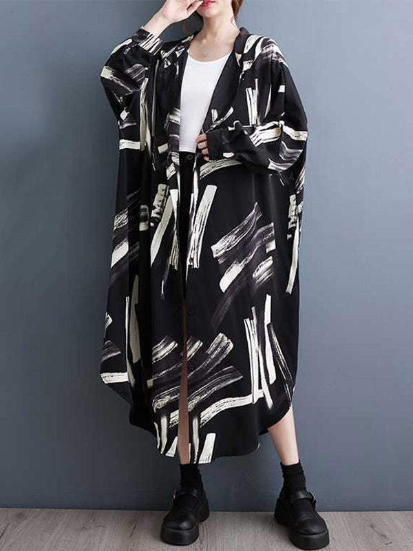 xakxx Long Sleeves Loose Buttoned Hooded Printed Midi Dresses Outerwear
