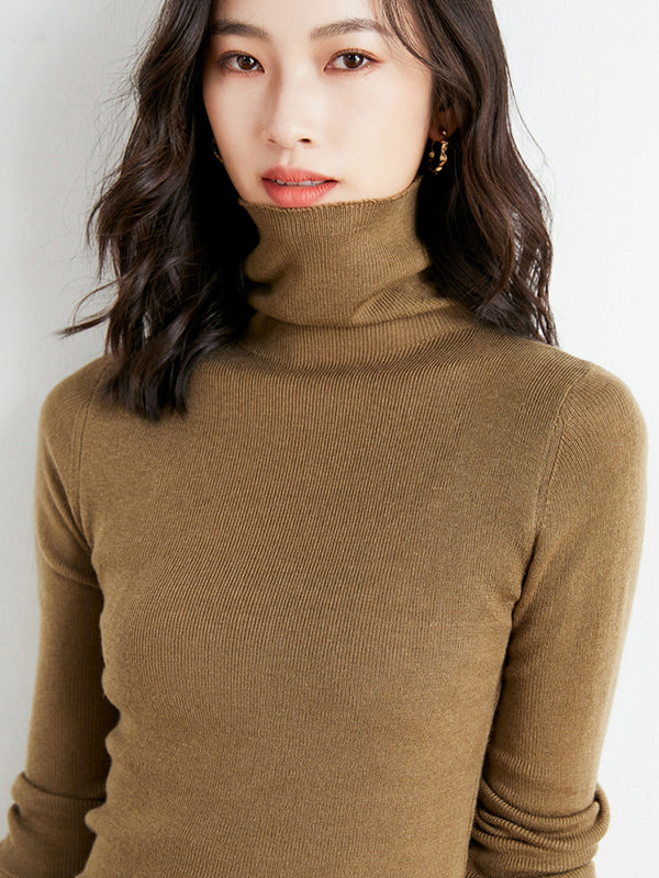 xakxx Simple Skinny Long Sleeves Solid Color High-Neck Sweater Tops Pullovers