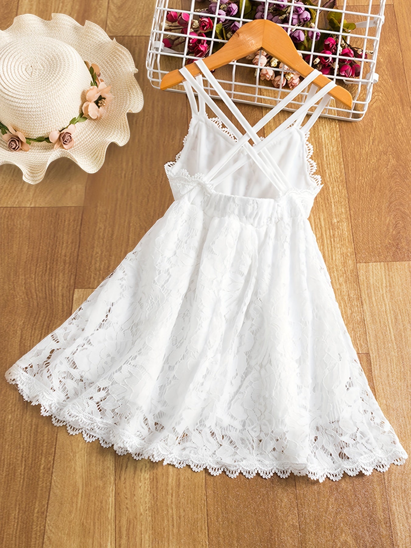 Girls Chic Slingback Lace Suspender Dress - Backless, Non-Stretch Polycotton Fabric, Solid Color, Regular Fit, Perfect for Summer Daily Fashion and Party Princess Occasions