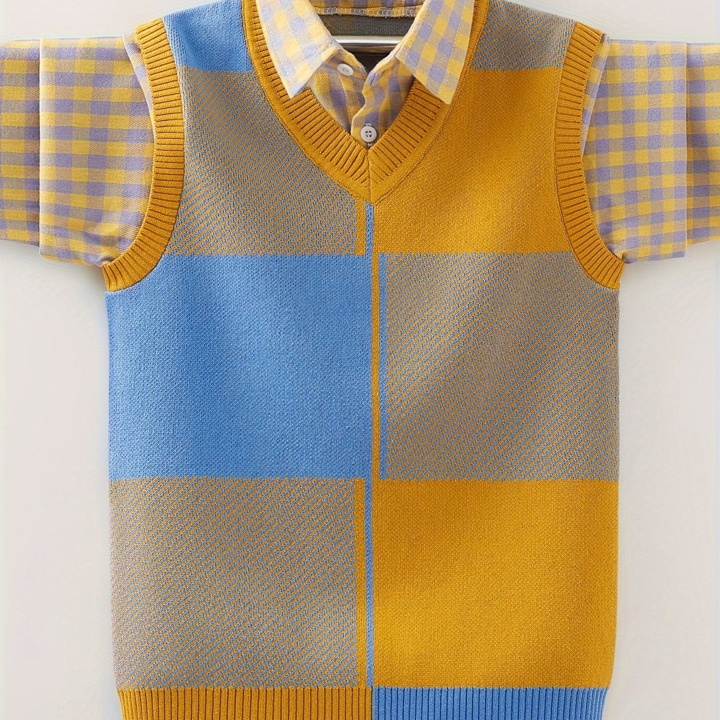 Boys' Cozy Cotton Knit Sweater With Faux Two-pcs Design - Casual Plaid Pullover For Fall/Winter, Easy Care