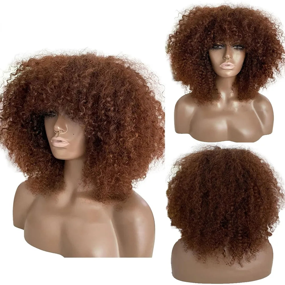 Brazilian Glueless Short Kinky Curly Wigs with Bangs 99J Red Burgundy Color 200 Density Afro Curly Bob Cut Full Lace Front Simulation Human Hair Wig