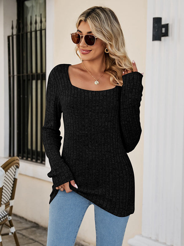 xakxx Casual Long Sleeves Skinny Solid Color Square-Neck Sweater Tops