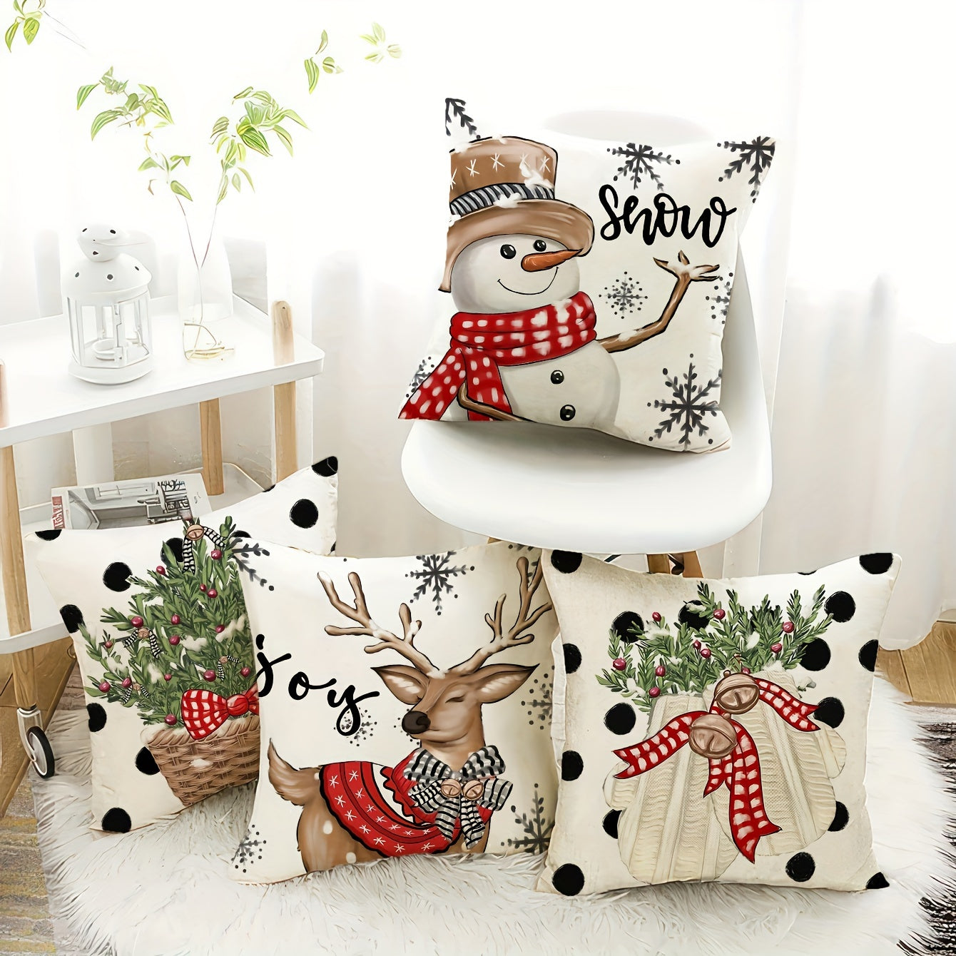 Set of 4 Festive Christmas Throw Pillow Covers - Reversible, Machine Washable, Woven Polyester, Zipper Closure, Contemporary Style - Perfect for Home Decor, Holiday Season, 17.7" and 15.7" Square, Snowman Reindeer Designs