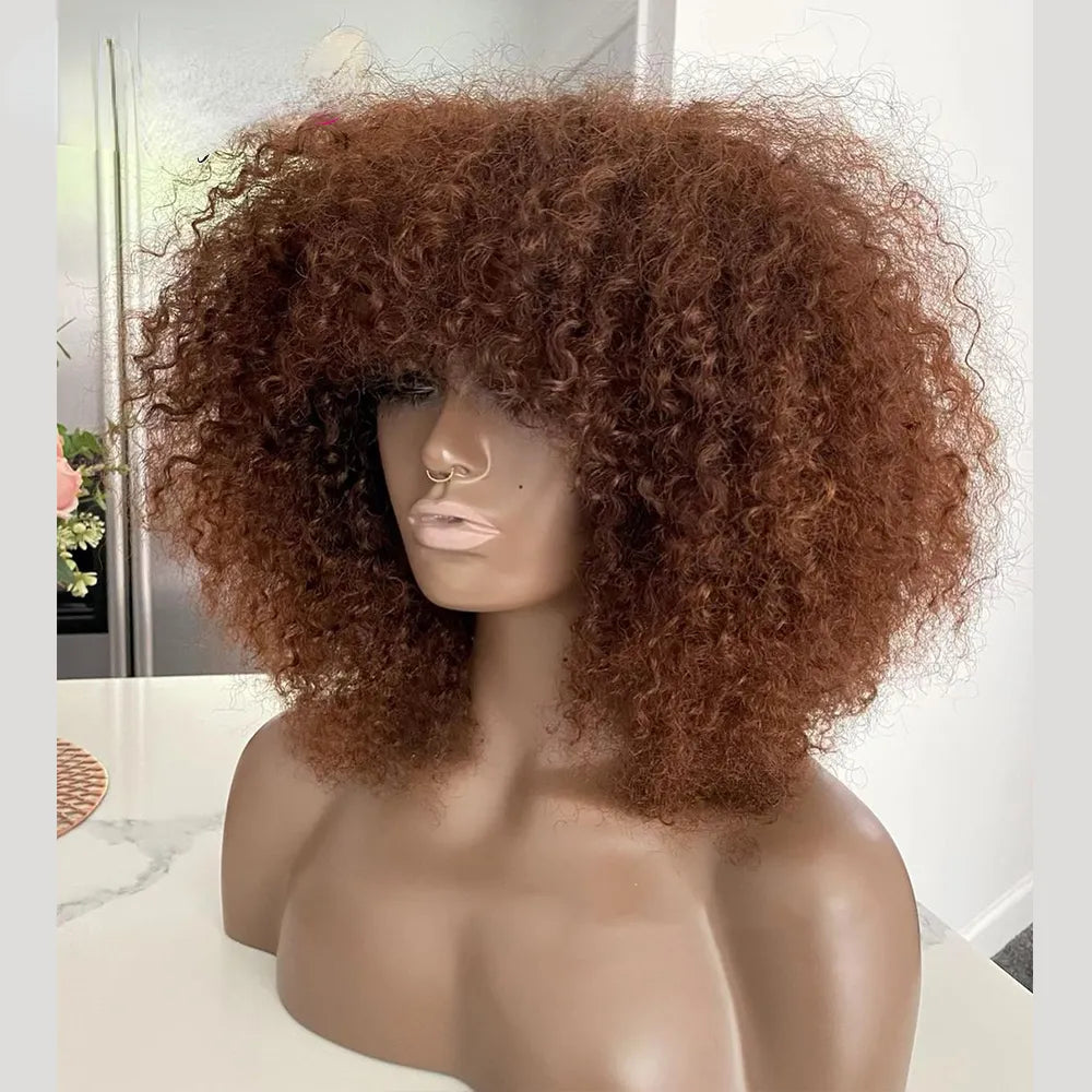 Brazilian Glueless Short Kinky Curly Wigs with Bangs 99J Red Burgundy Color 200 Density Afro Curly Bob Cut Full Lace Front Simulation Human Hair Wig