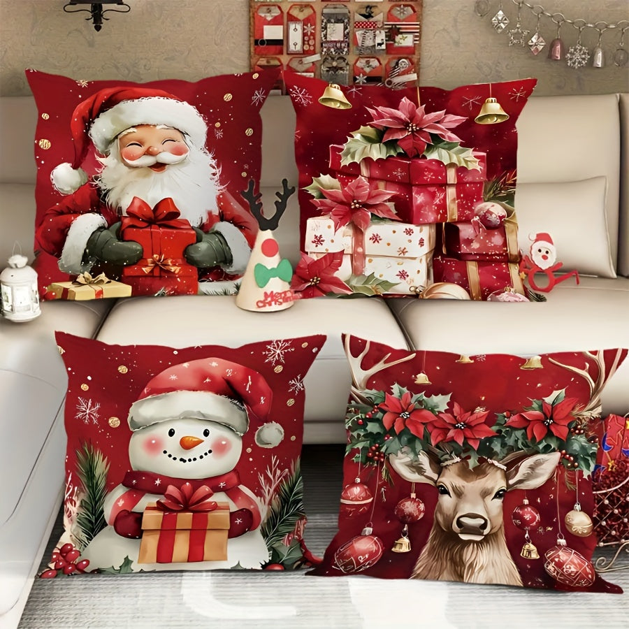 4-Pack Velvet Printed Christmas Pillow Covers with Santa & Snowman Designs, Machine Washable, Zipper Closure, Polyester Fabric, Contemporary Style for Home Sofa, Bedroom, Living Room Decor