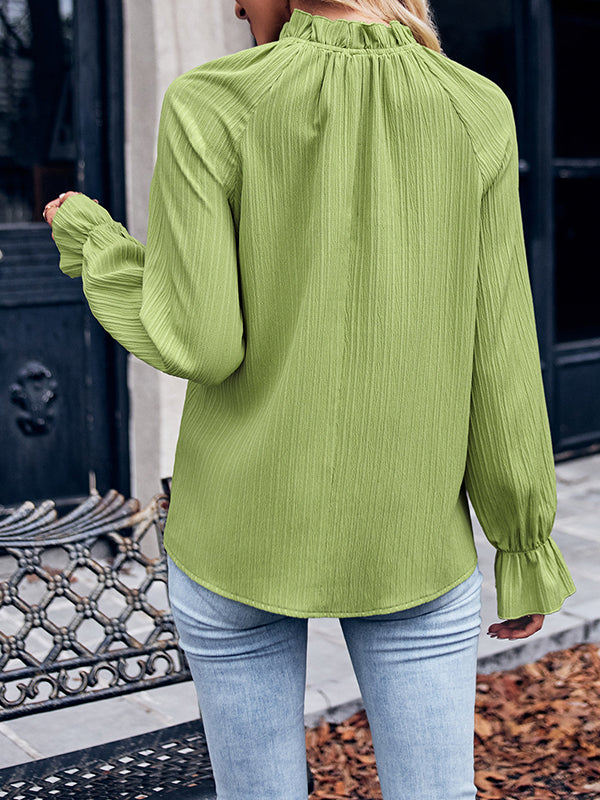xakxx Long Sleeves Ruffle Sleeves Elasticity Ruffled Solid Color Mock Neck T-Shirts Tops