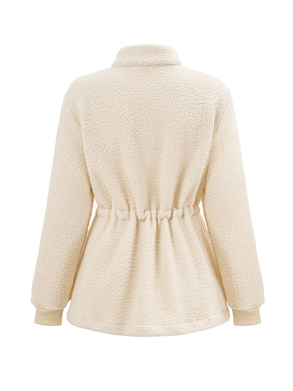 xakxx Long Sleeves Loose Drawstring Solid Color Velvet Zipper Stand Collar Outerwear