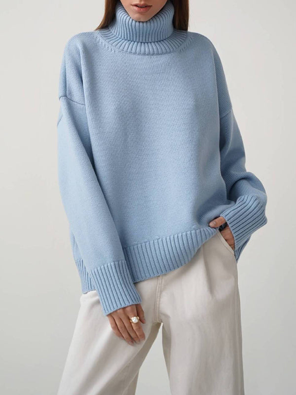 xakxx Long Sleeves Loose Solid Color High Neck Knitwear Pullovers Sweater Tops
