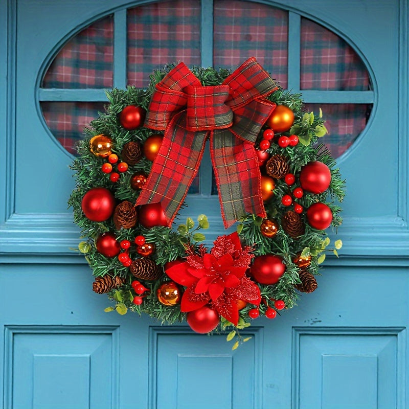 15.8" Vibrant Red Christmas Wreath with Artificial Pine Cones and Elegant Bow - Festive Holiday Door & Window Decoration, Perfect for New Year Celebrations, Indoor and Outdoor Use, Easy to Assemble, Durable and Long-Lasting