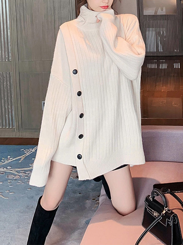 xakxx High-Low Long Sleeves Asymmetric Buttoned High-Neck Knitwear Pullovers Sweater Tops