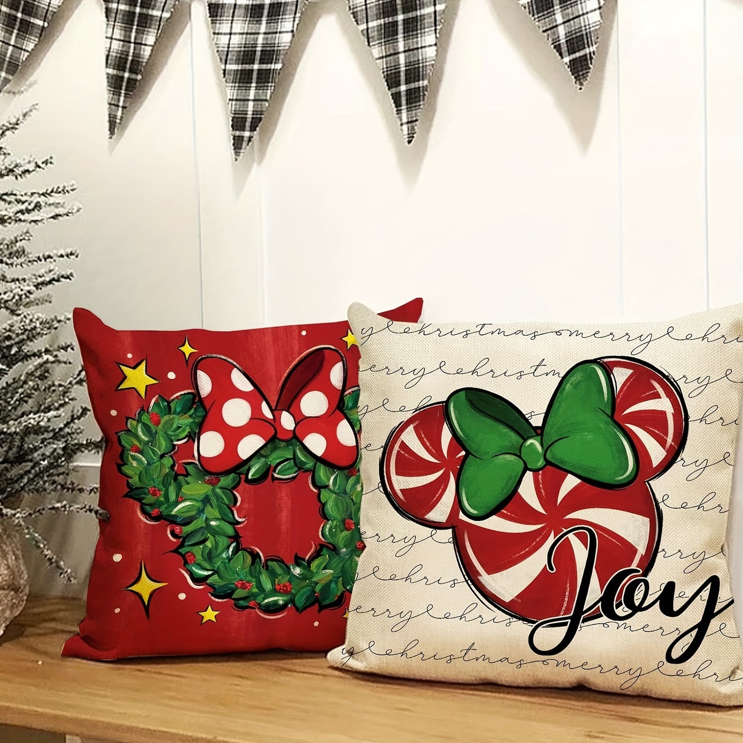 4-Piece Merry Christmas Mouse Decorative Throw Pillow Cases, 18 x 18 inches, Linen Blend, Contemporary Style, Machine Washable, Zipper Closure