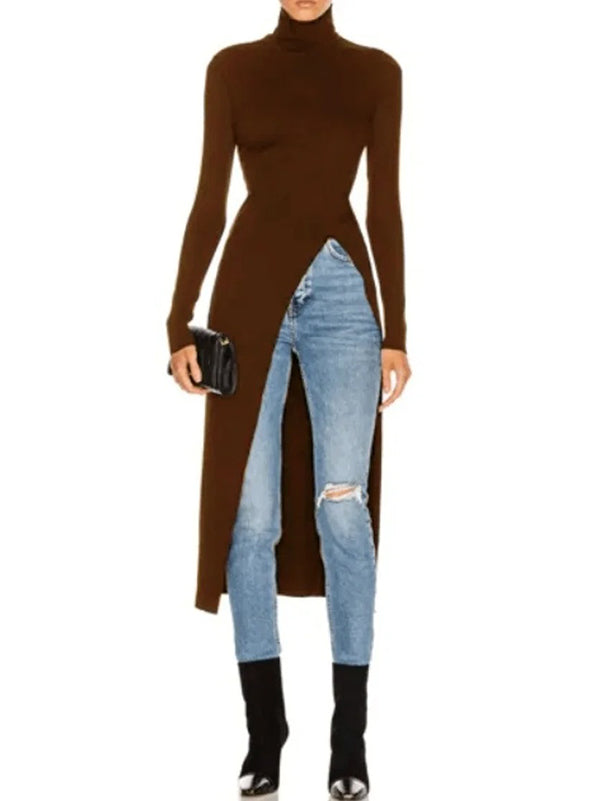 xakxx Simple Skinny Split-Side Solid Color High-Neck T-Shirts Tops