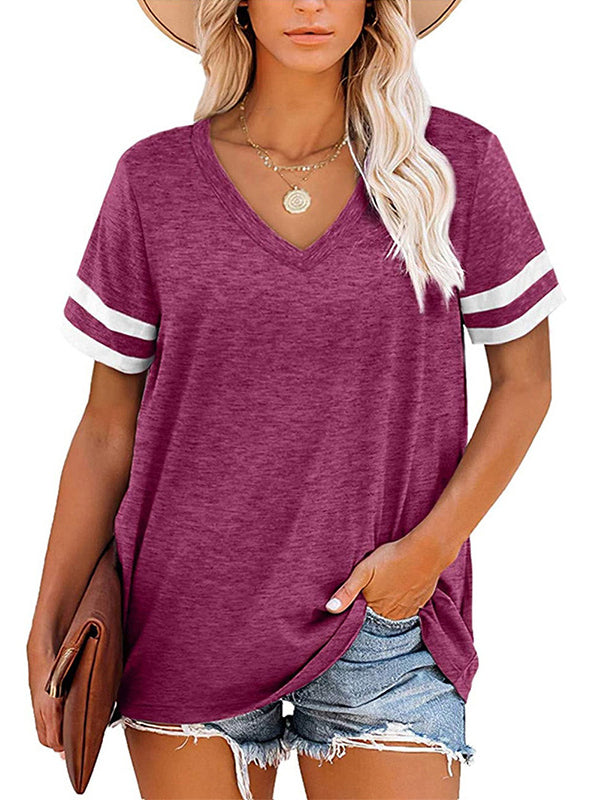 xakxx Loose Short Sleeves Contrast Color Striped V-Neck T-Shirts