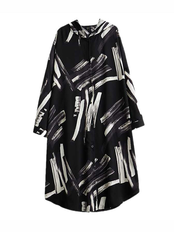 xakxx Long Sleeves Loose Buttoned Hooded Printed Midi Dresses Outerwear