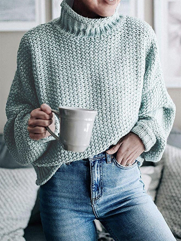 xakxx Casual Long Sleeves Solid Color High-Neck Sweater Tops