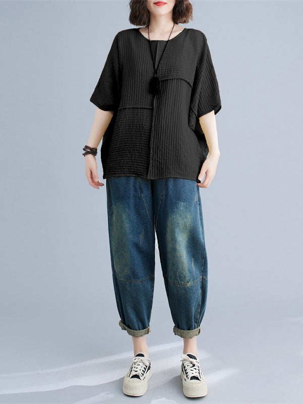xakxx Batwing Sleeves Loose Solid Color Split-Joint Round-Neck T-Shirts Tops