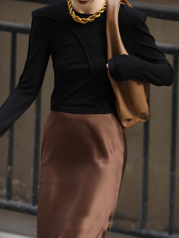 xakxx Long Sleeves Skinny Shoulder Pad Solid Color Round-Neck T-Shirts Tops