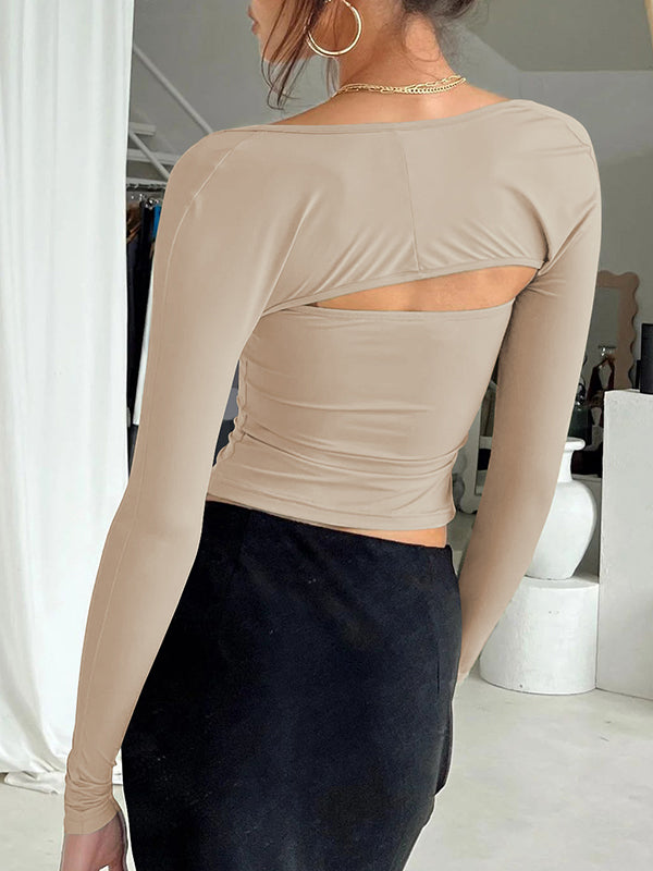 xakxx Long Sleeves Skinny Solid Color Collarless T-Shirts Tops
