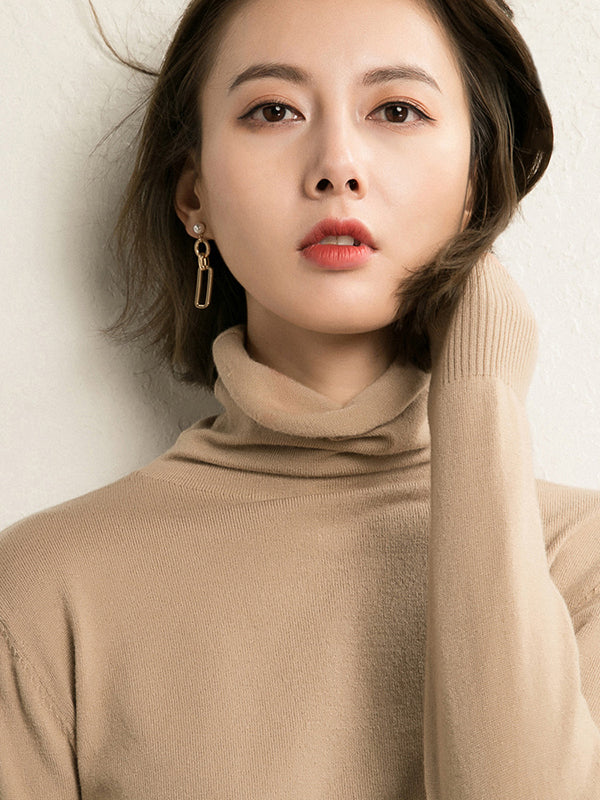 xakxx Simple Loose Long Sleeves Solid Color High-Neck Sweater Tops