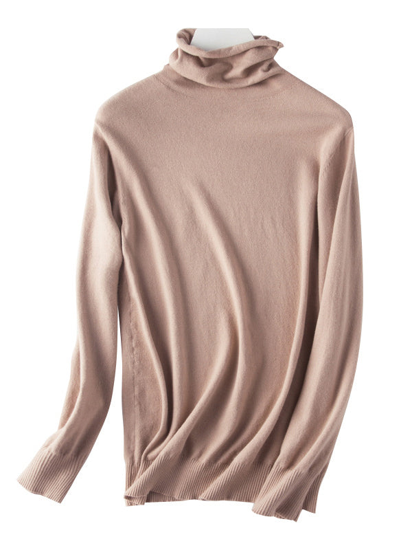 xakxx Simple Loose Long Sleeves Solid Color High-Neck Sweater Tops