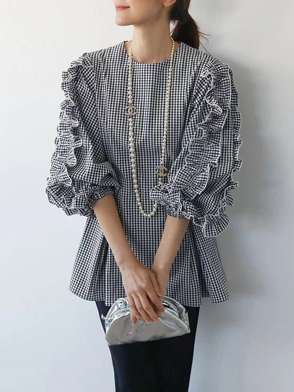 xakxx Trendy Tops Loose Puff Sleeves Plaid Agaric Laces Falbala Round-Neck Blouses